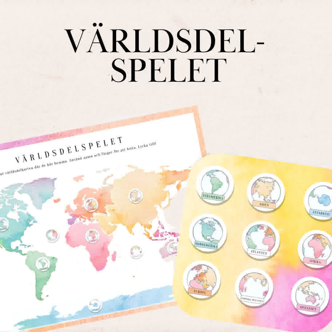 Kreativt, roligt och framförallt lärorikt geografispel om världsdelar och hav. Barnen lär sig att på egen hand hitta rätt plats på kartan genom att använda bildstödet och färgerna på kartan.  Förberedelser: Du laminerar spelplan, kortbricka och kort, klipper ut korten och använder kardborreband eller häftmassa för att fästa korten på kortbrickan. Kortbrickan är till för enklare förvaring, korten sitter där så att de inte försvinner.  Spelvarianter:  Spelet går att spela enskilt, i grupp eller i lag. När barnen spelar flyttar de helt enkelt över kortet till rätt plats på spelplanen. Du kan låta eleverna placera ut korten i ordning av världsdelens (och havens) första bokstav, storlek, färg (utefter regnbågen tex) eller valfritt. Det går även att placera korten nedvända i en hög och låta eleverna i grupp dra upp ett kort och placera det på kartan, en efter en. Du kan också låta eleverna spela memory med korten!   Inkluderat i pdf-filen: Spelplan Kortbricka Spelkort